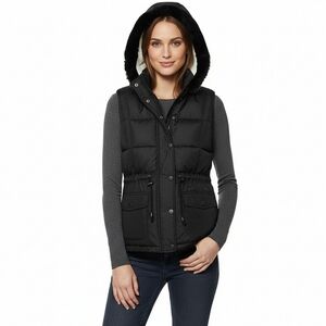 26 International Fur Hooded Black Vest Jacket Womens Size Small Zip - Button Up